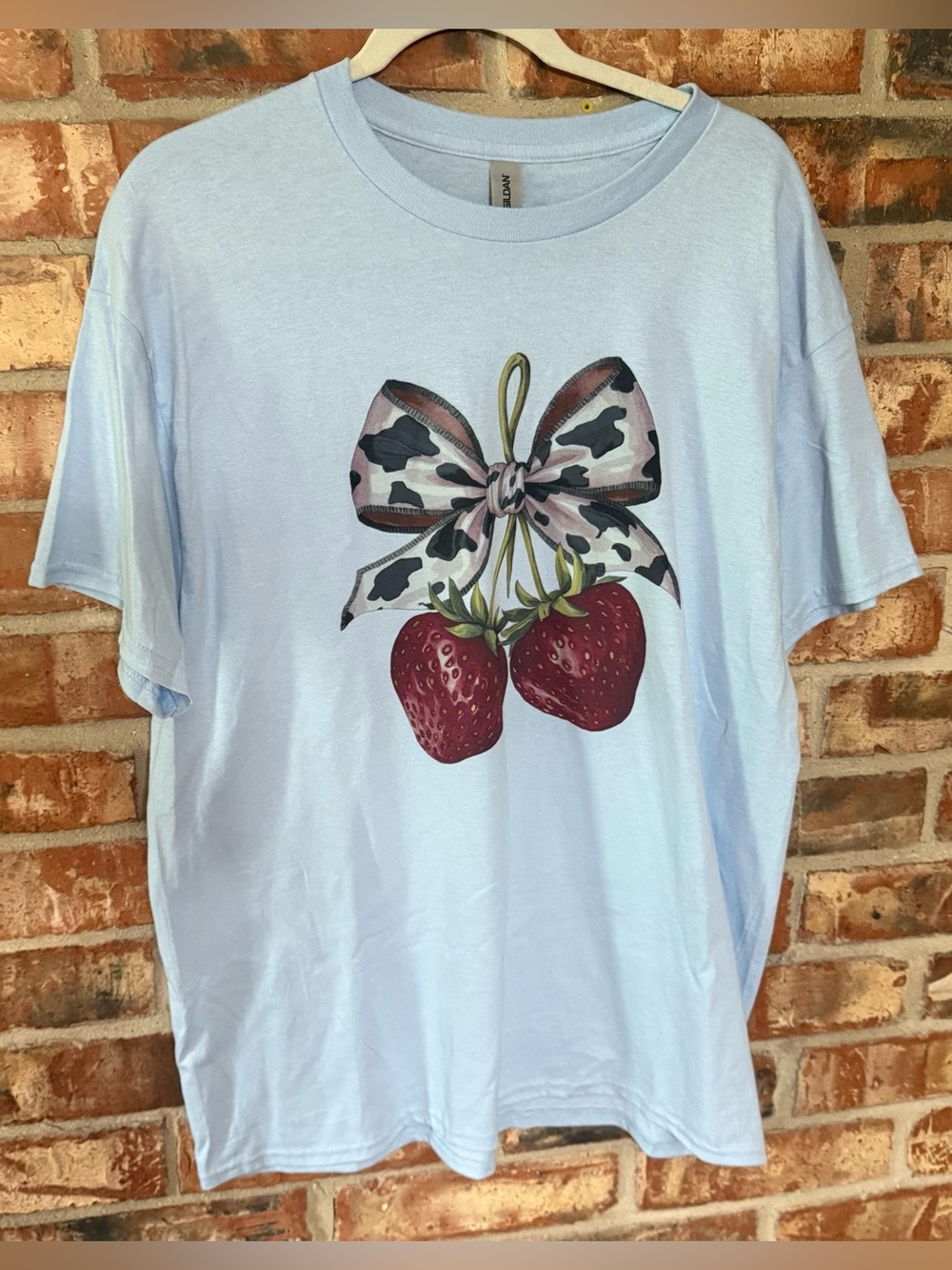 Gildan Light Blue Tee with Strawberry & Cowprint Bow Graphic